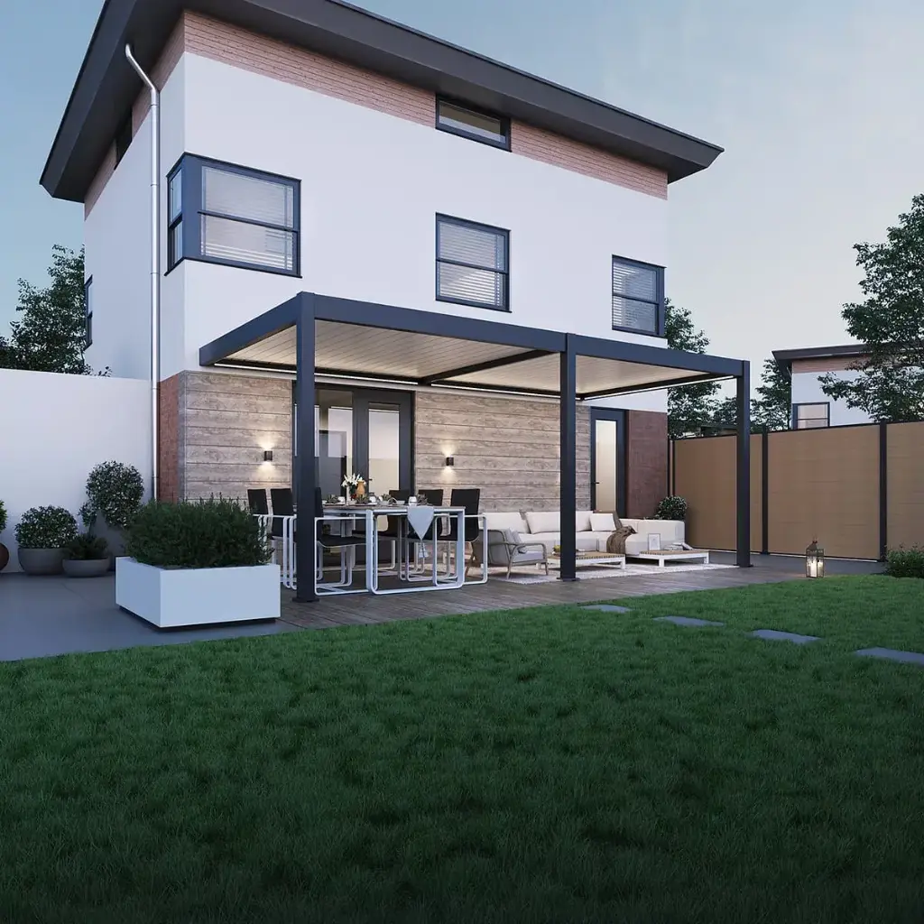 Pergola bioclimatique adossée motorisée Neo — Lames orientables et kit LED inclus