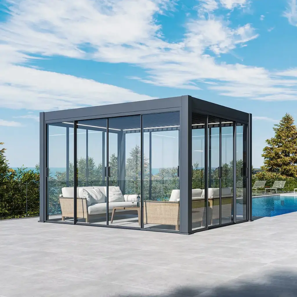 Paroi coulissante en verre trempé Neo — fermeture latérale pour pergola bioclimatique